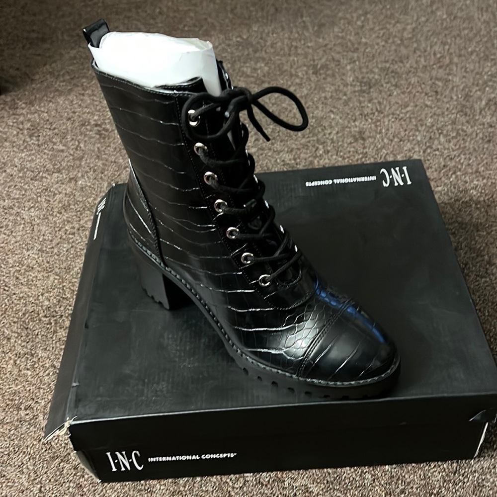 Brand new…Black Croc leather INC Tie up Boots! Woman size 8